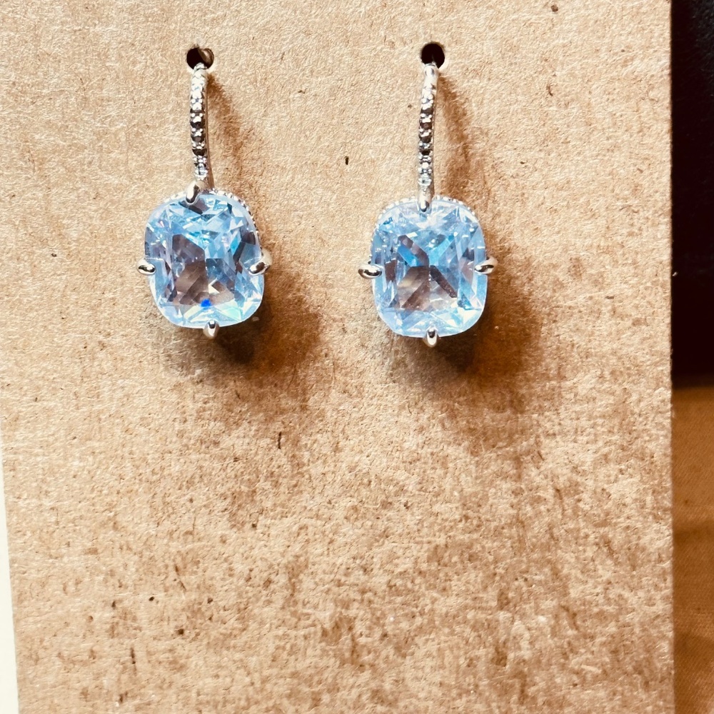 Silver Tone Earrings w/Oval Lab Created Pale Blue Stones NWOT - Picture 2 of 13
